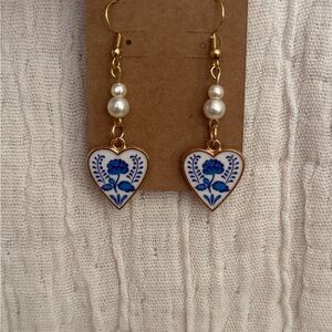 Gold and Blue Heart Earrings with Pearl Accents